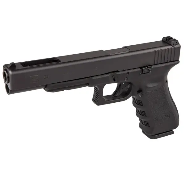 Glock 24 pistol, right-front angle showing extra-long .40 S&W slide and rail