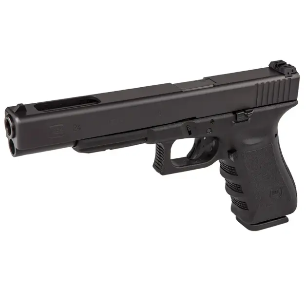 Glock 24 pistol, right-front angle showing extra-long .40 S&W slide and rail