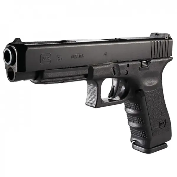 Glock 35 pistol, right-front angle showing long-slide .40 S&W frame and rail