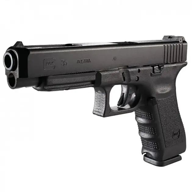 Glock 35 pistol, right-front angle showing long-slide .40 S&W frame and rail