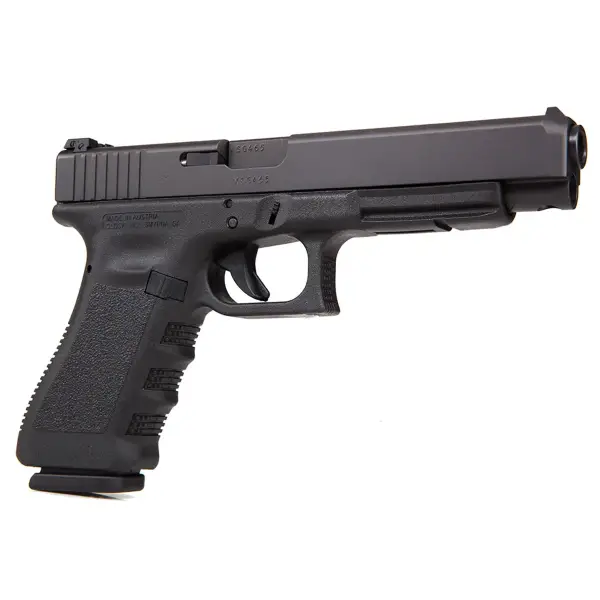 Top view Glock 35 showing 135 mm barrel, long sight radius and slide window