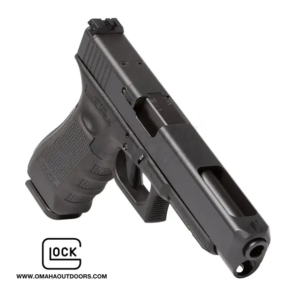Competition flat-lay: Glock 34 with red-dot optic, 17-round mag and shot timer