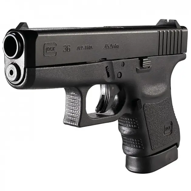 Glock 36 pistol, right-front angle showing slimline .45 ACP slide and rail