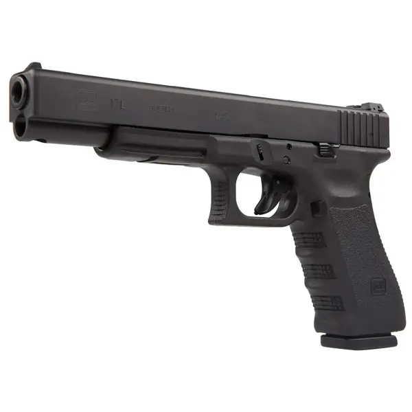 Outdoor shot: Glock 17L on shooting bench with chronograph and 9 mm ammo boxes