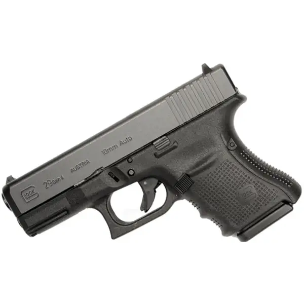 Left-side profile Glock 29 with “10 mm Auto” engraving and forward serrations