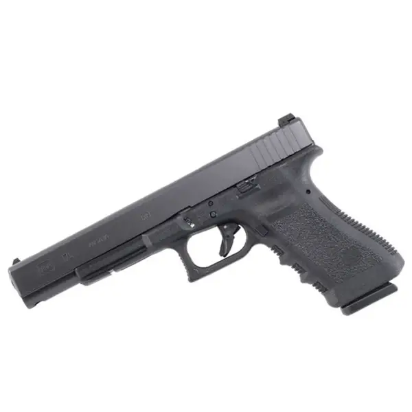 Left-side profile Glock 17L with slide window, “9 × 19” roll-mark and front serrations