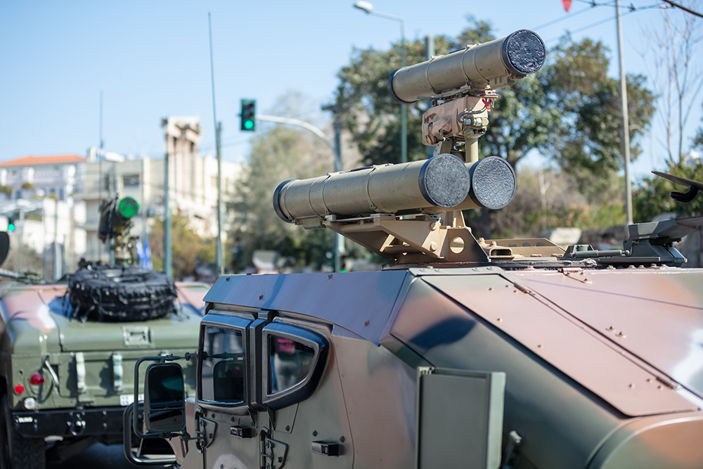 Twin-tube missile launcher on an armored vehicle; air defense system in a SHORAD context.