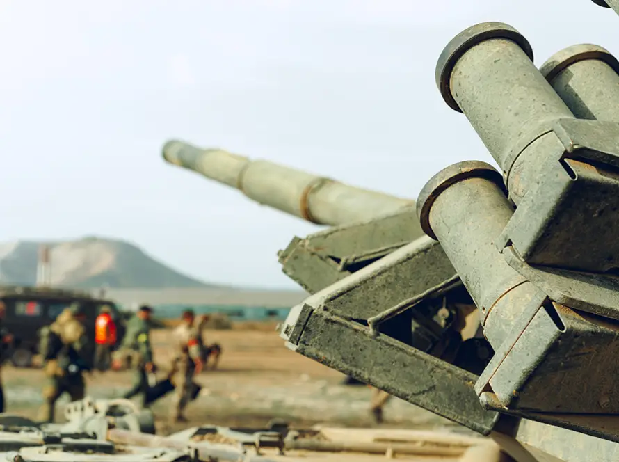 Armored vehicle turret with launcher and main gun; close-up for SHORAD and air defense system content.
